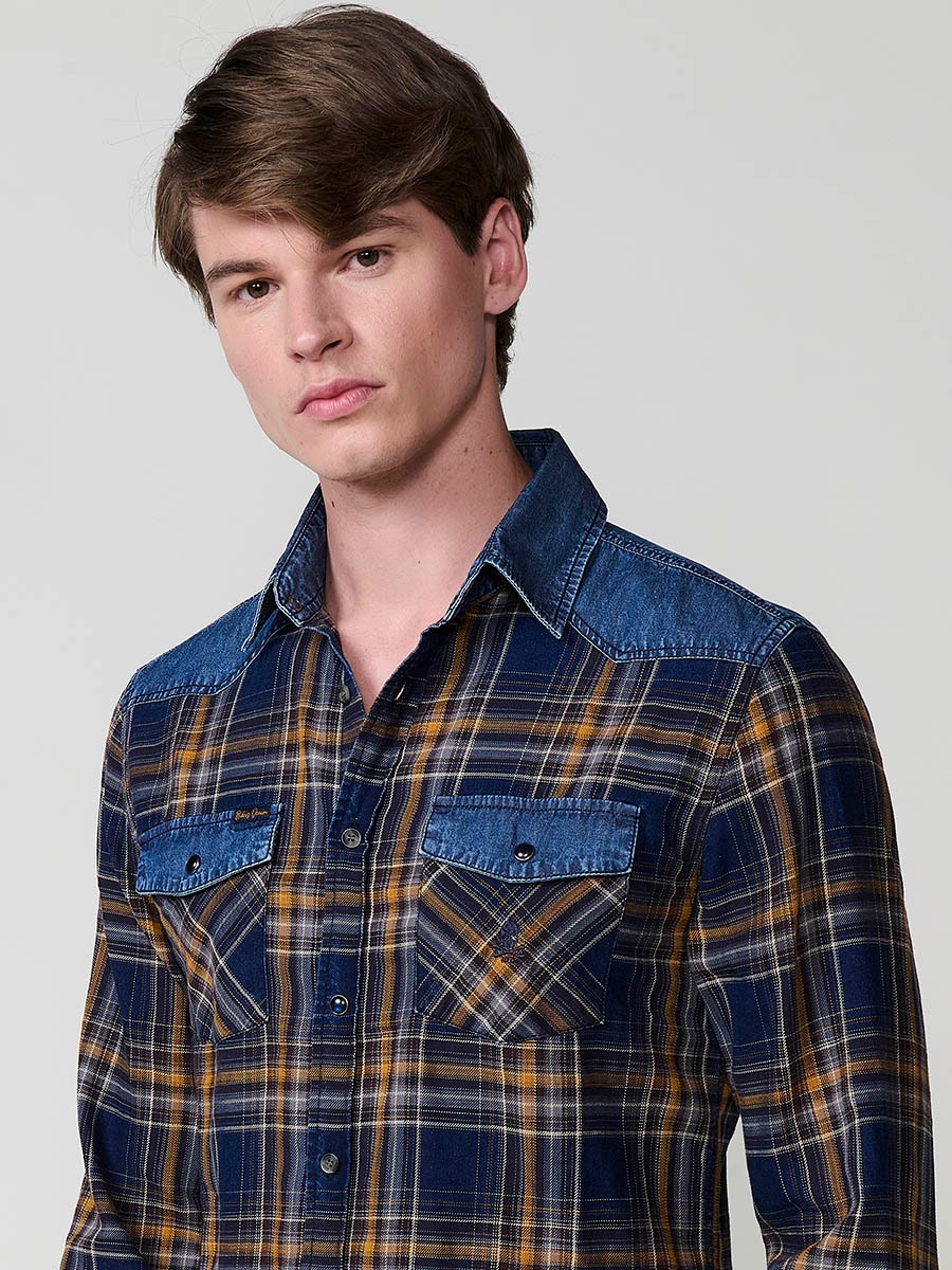 Chemise Homme en Coton à Carreaux avec Détails en Jean