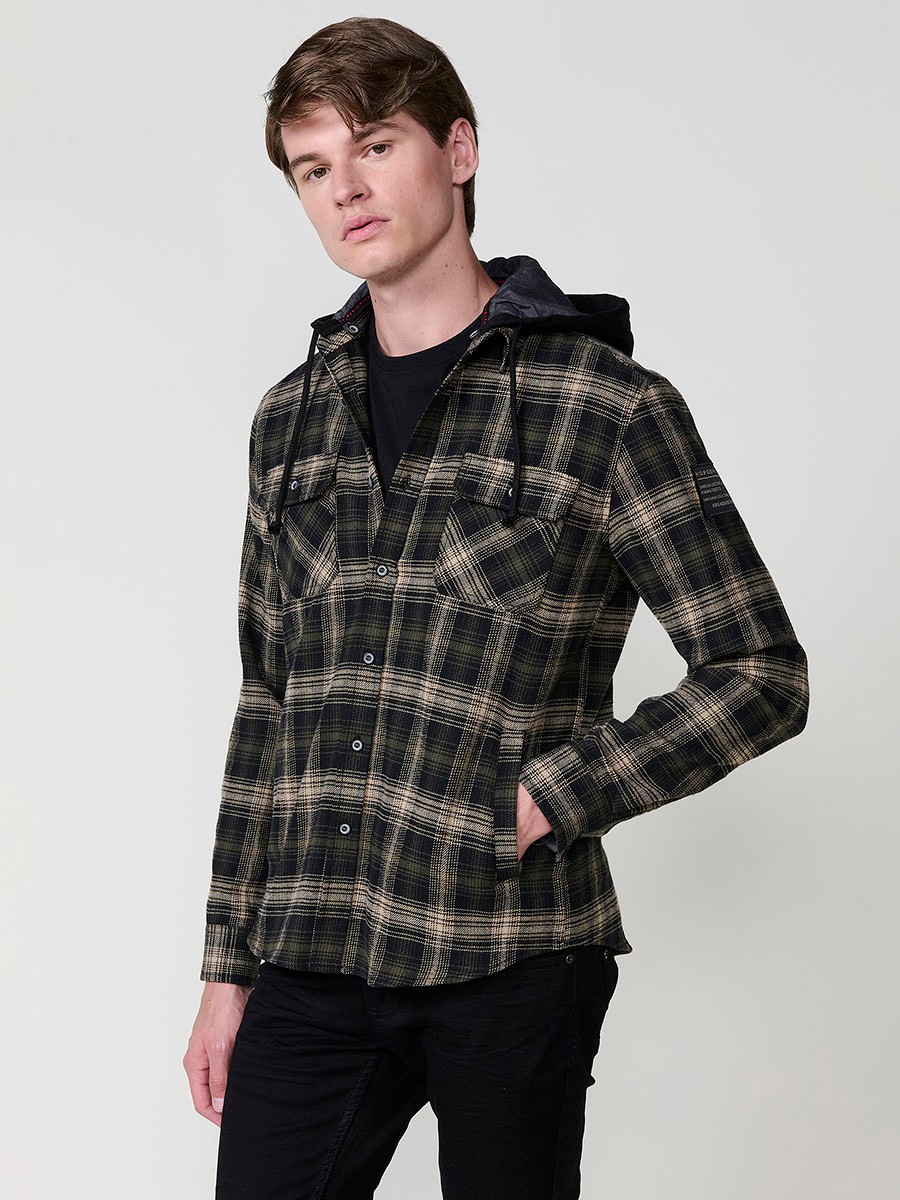 Camisa de Algodón Hombre Manga Larga con Capucha Desmontable y Bolsillos