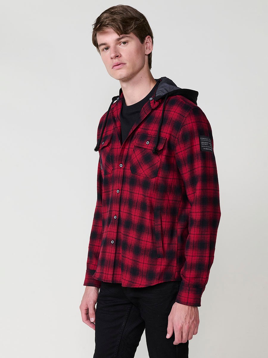 Camisa de Algodón Hombre Manga Larga con Capucha Desmontable y Bolsillos