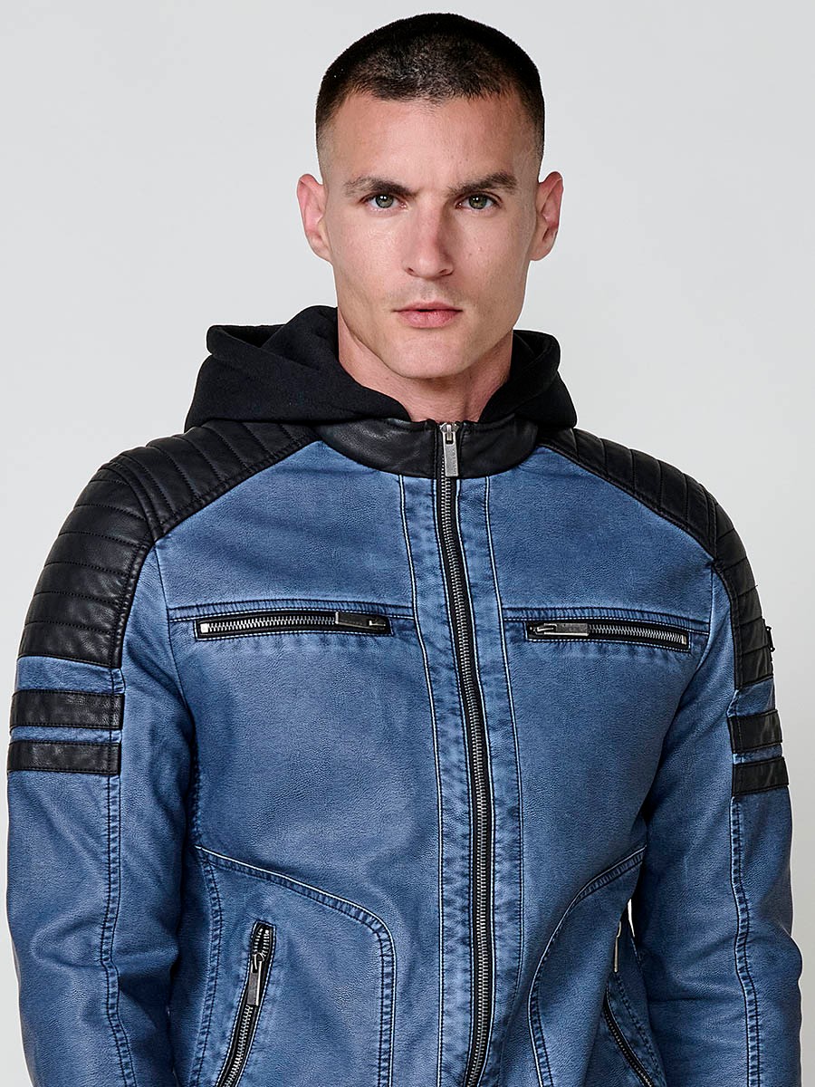 Men’s biker-style jacket in blue with detachable hood and zip closure. Outer: 100% cotton, coated with polyurethane.