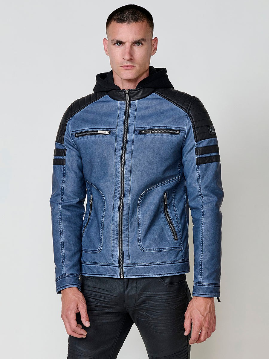 Men’s biker-style jacket in blue with detachable hood and zip closure. Outer: 100% cotton, coated with polyurethane.