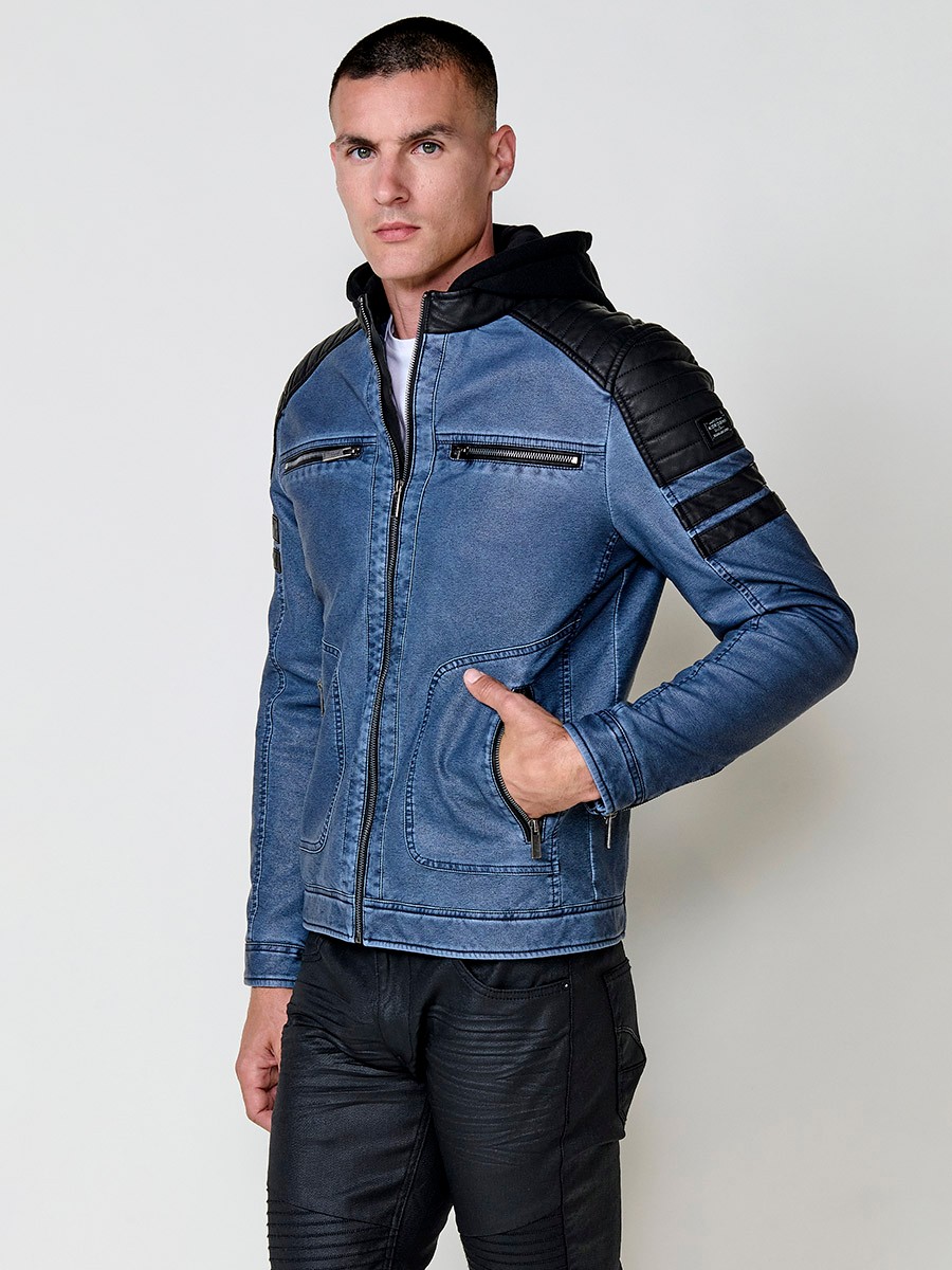 Men’s biker-style jacket in blue with detachable hood and zip closure. Outer: 100% cotton, coated with polyurethane.