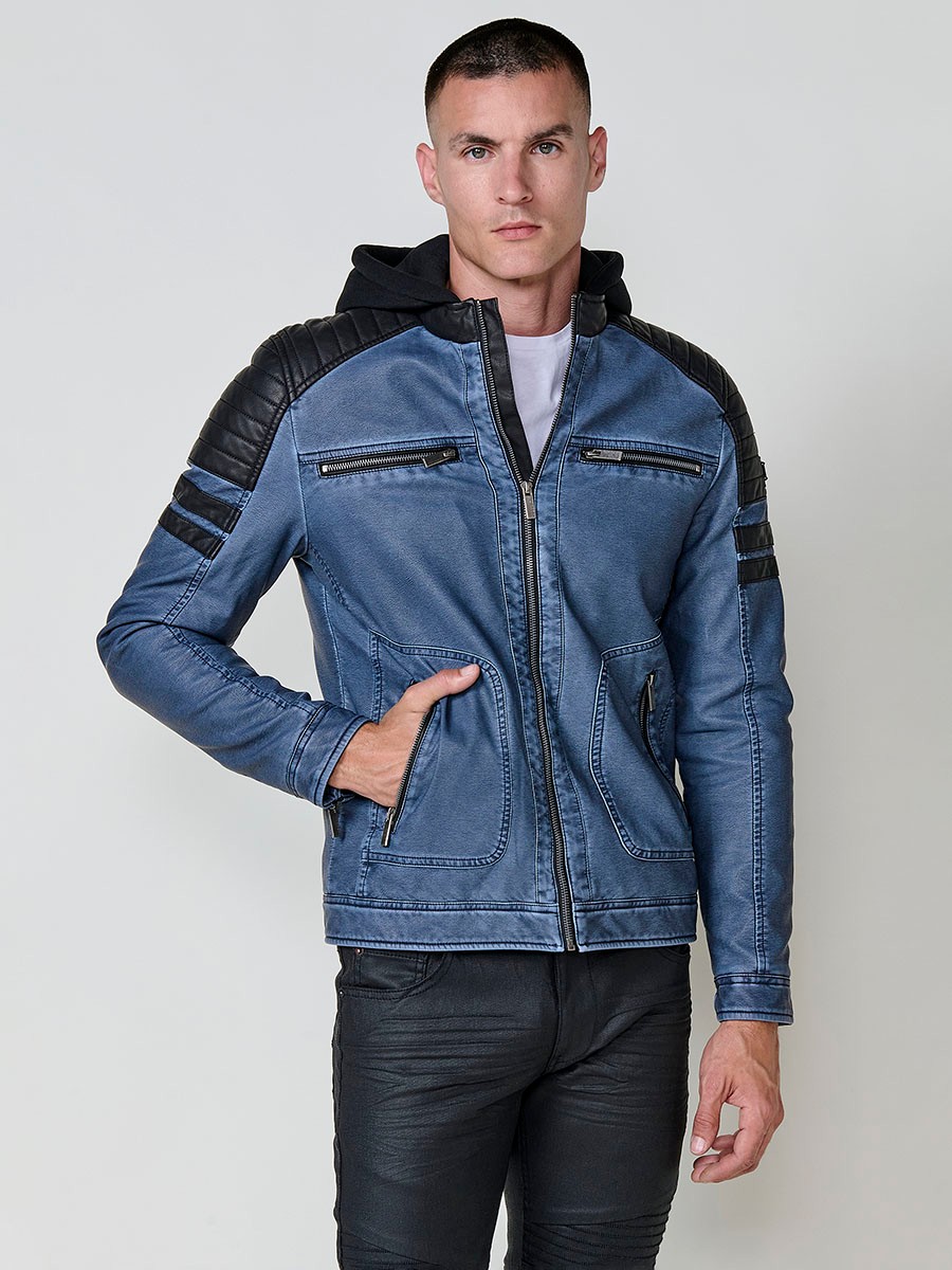 Men’s biker-style jacket in blue with detachable hood and zip closure. Outer: 100% cotton, coated with polyurethane.
