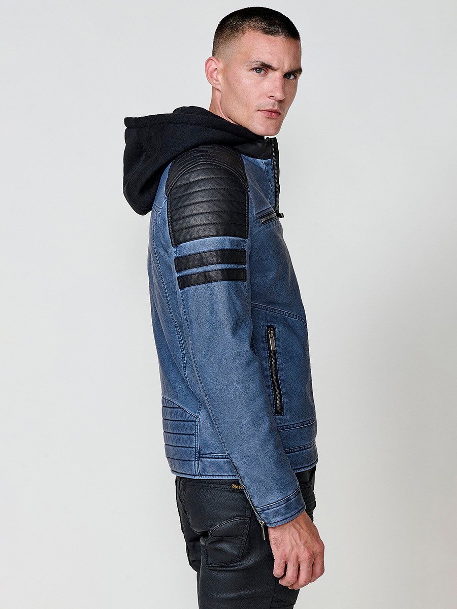 Men’s biker-style jacket in blue with detachable hood and zip closure. Outer: 100% cotton, coated with polyurethane.