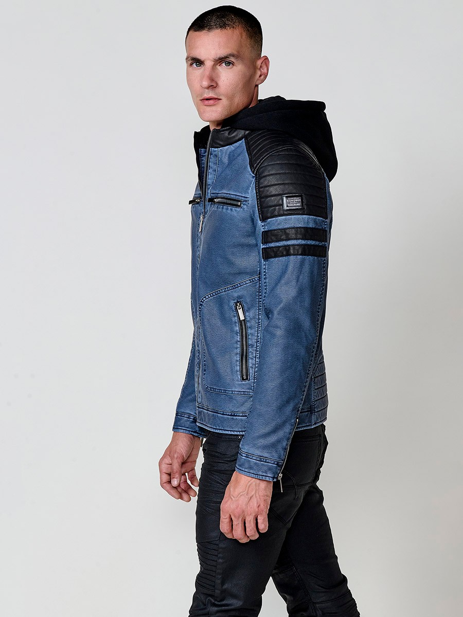 Men’s biker-style jacket in blue with detachable hood and zip closure. Outer: 100% cotton, coated with polyurethane.