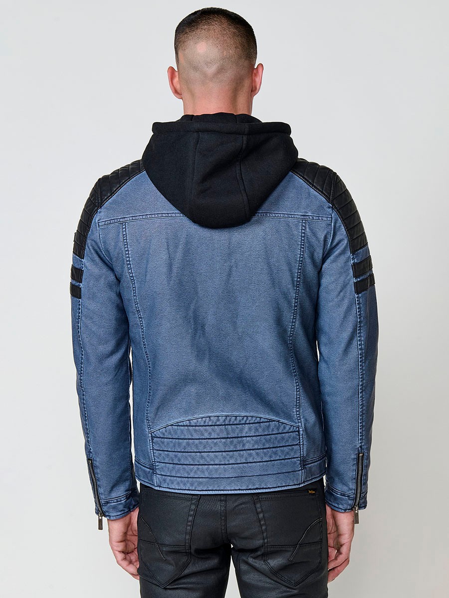 Men’s biker-style jacket in blue with detachable hood and zip closure. Outer: 100% cotton, coated with polyurethane.