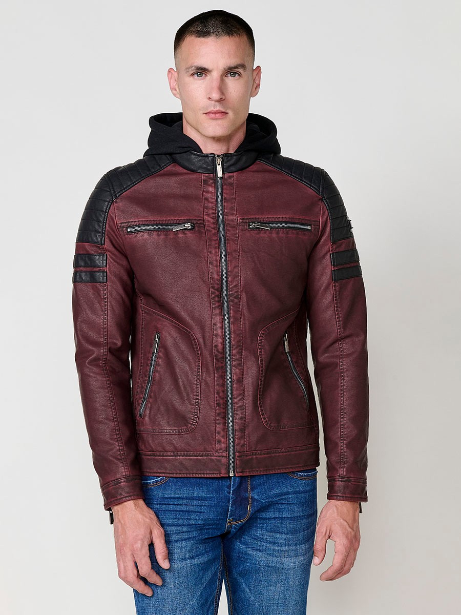Men’s biker-style jacket in wine color with detachable hood and zip closure. Outer: 100% cotton, coated with polyurethane.