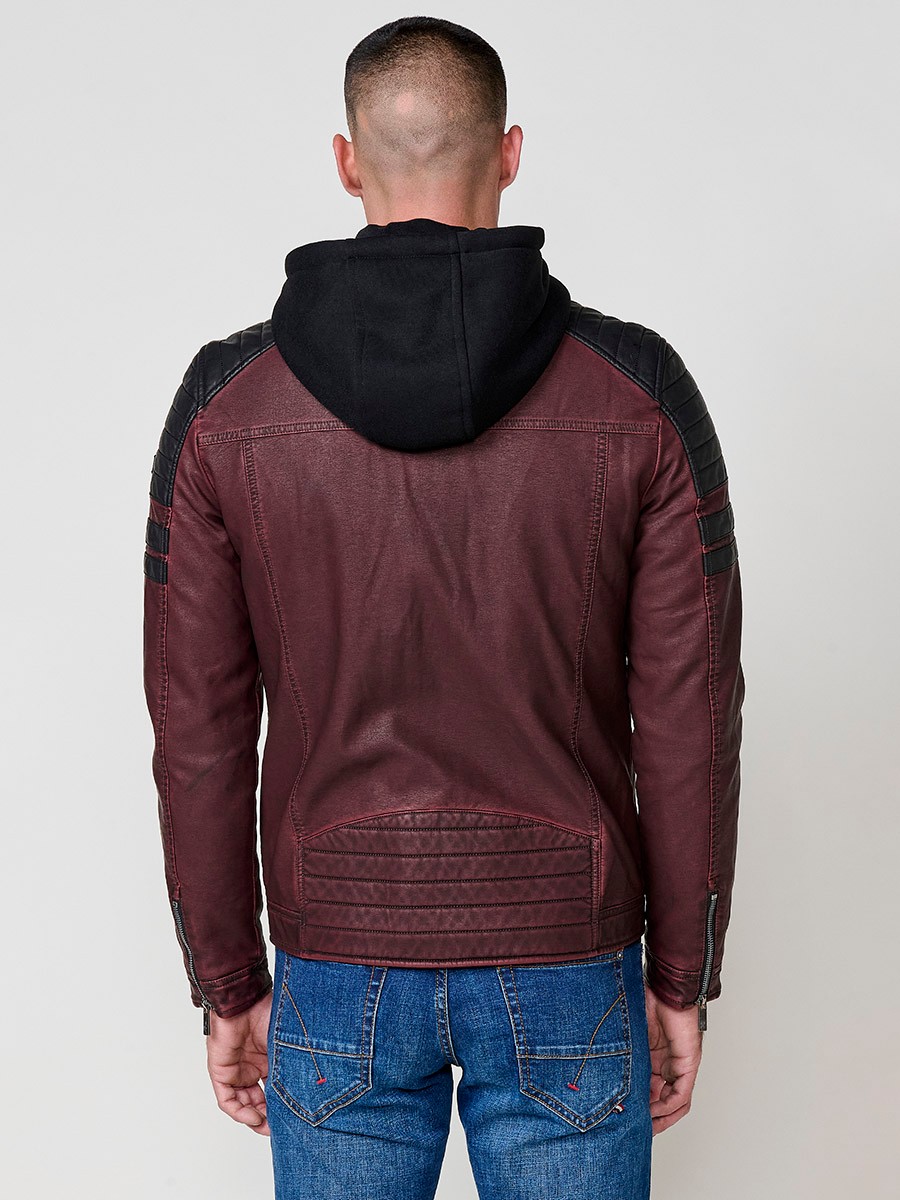 Men’s biker-style jacket in wine color with detachable hood and zip closure. Outer: 100% cotton, coated with polyurethane.