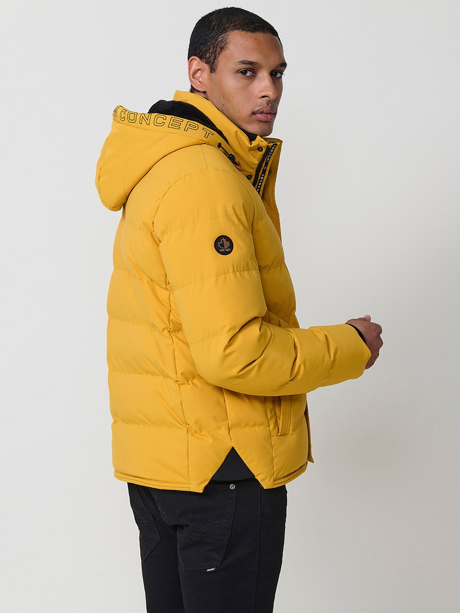 Gesteppte gelbe Herrenjacke mit hohem Kragen, Kapuze, Reißverschluss und Taschen. Aus 100 % Polyester, warm, leicht und strapazierfähig.