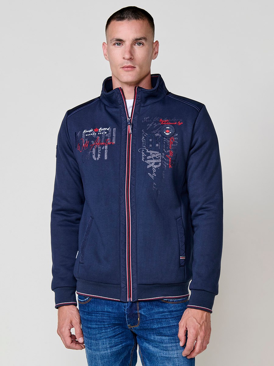 Chaqueta sudadera navy de hombre con cuello redondo y cierre delantero de cremallera. 100% poliéster, cómoda, versátil y ligera.