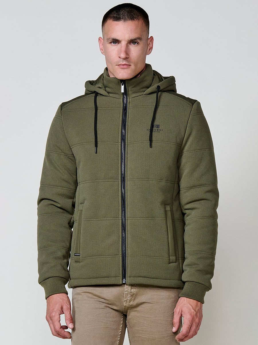 Gesteppte Herrenjacke in Khaki mit abnehmbarer Kapuze, hohem Kragen und Reißverschluss. Aus 100 % Polyester, warm, strapazierfähig und vielseitig.