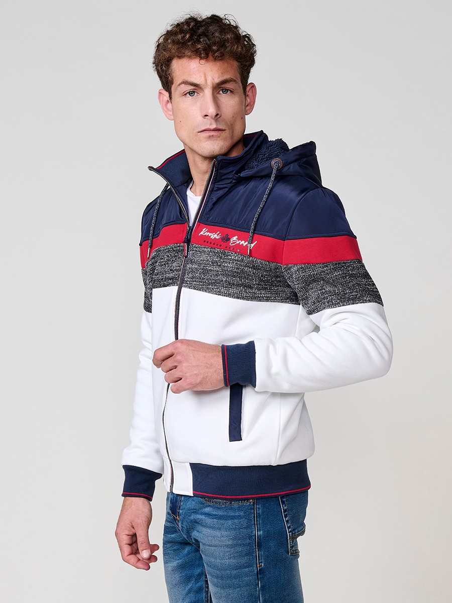 Chaqueta sudadera crudo de hombre con capucha y cierre delantero de cremallera. Confeccionada en 100% poliéster, ligera, resistente y versátil.