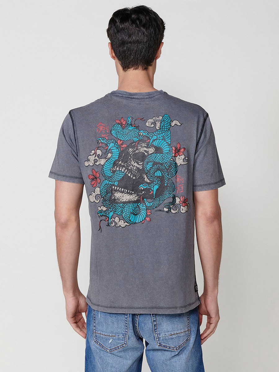 Graues Herren-T-Shirt aus Baumwolle mit Frontprint und Rundhalsausschnitt