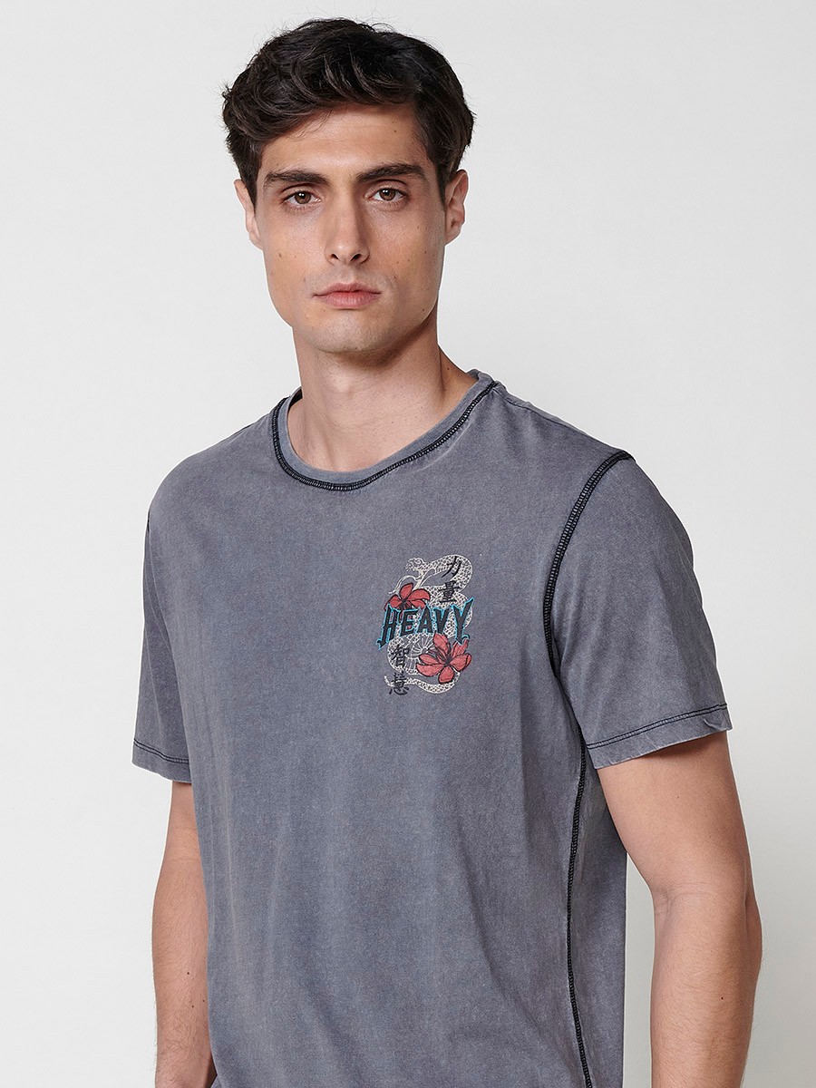 Graues Herren-T-Shirt aus Baumwolle mit Frontprint und Rundhalsausschnitt
