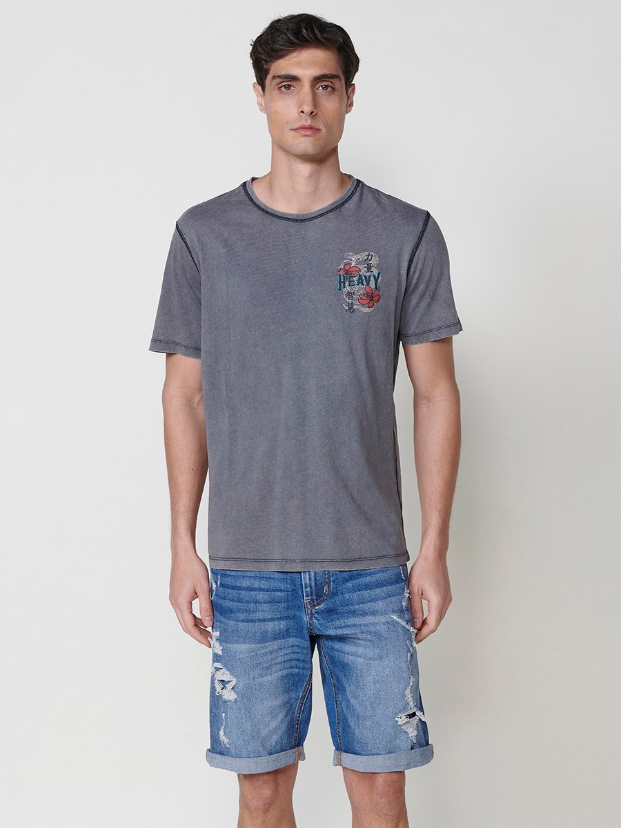Graues Herren-T-Shirt aus Baumwolle mit Frontprint und Rundhalsausschnitt