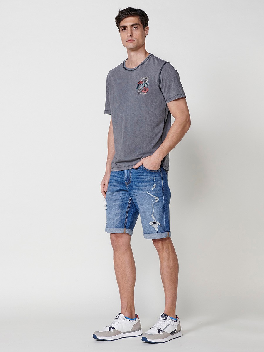 Graues Herren-T-Shirt aus Baumwolle mit Frontprint und Rundhalsausschnitt