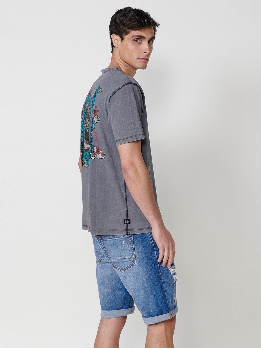 Graues Herren-T-Shirt aus Baumwolle mit Frontprint und Rundhalsausschnitt