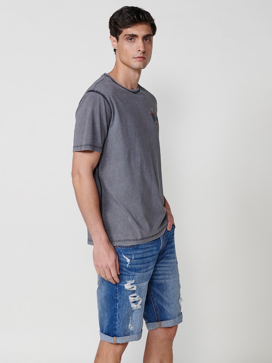 Graues Herren-T-Shirt aus Baumwolle mit Frontprint und Rundhalsausschnitt