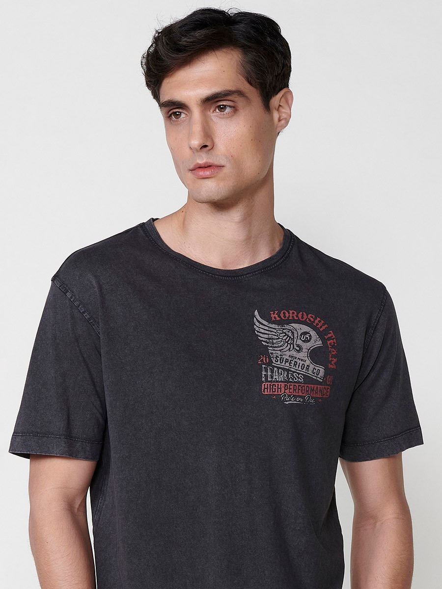 T-shirt homme noir en coton avec imprimé frontal et col rond