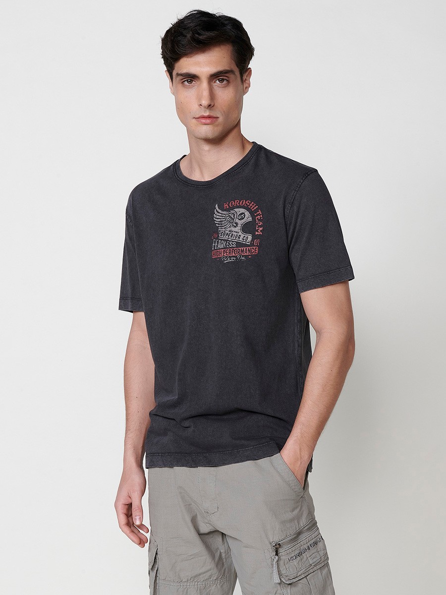 T-shirt homme noir en coton avec imprimé frontal et col rond