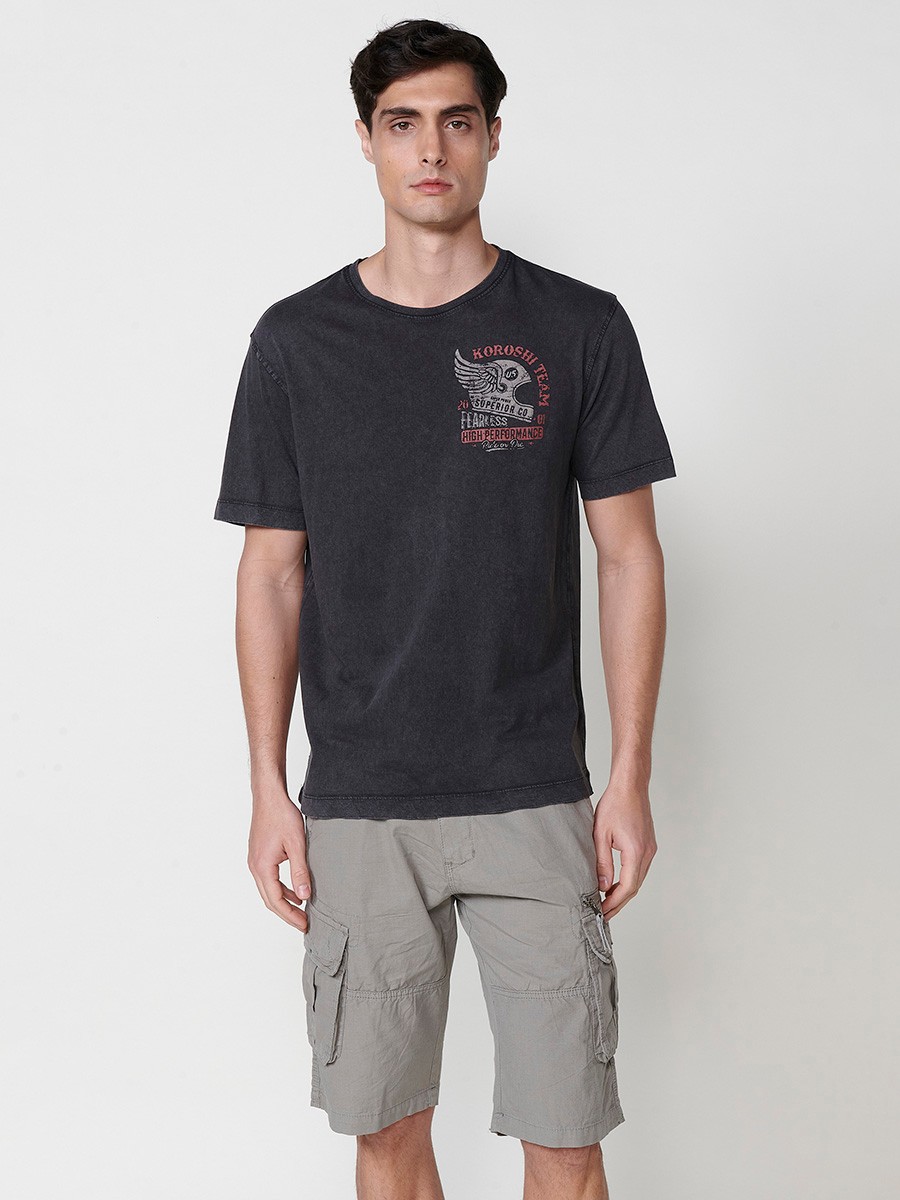 T-shirt homme noir en coton avec imprimé frontal et col rond