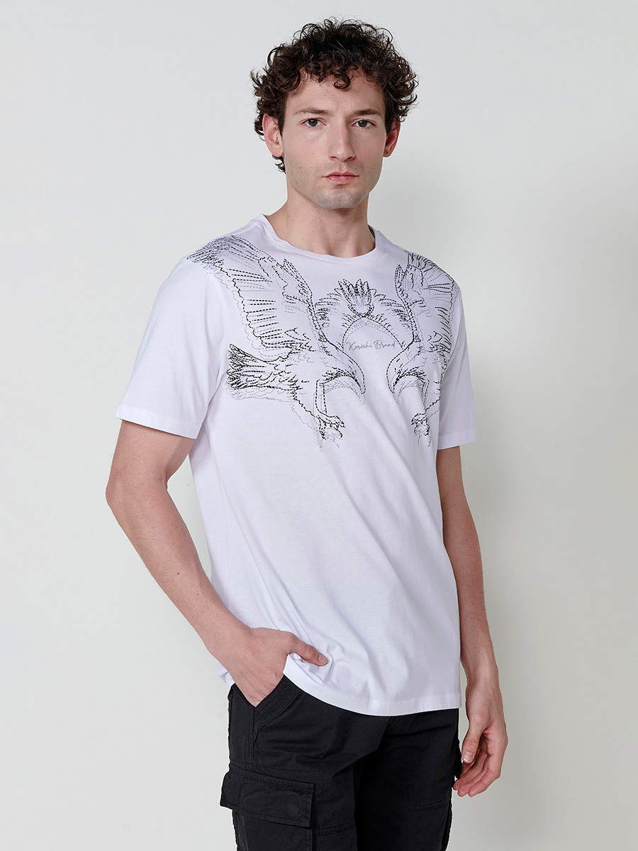 Camiseta blanca de algodón con estampado frontal y cuello redondo para hombre