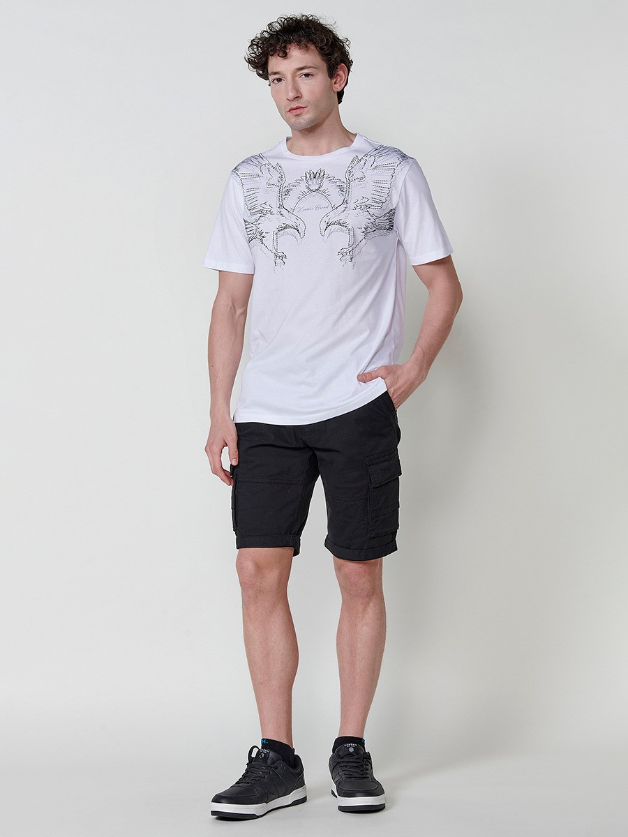 Camiseta blanca de algodón con estampado frontal y cuello redondo para hombre