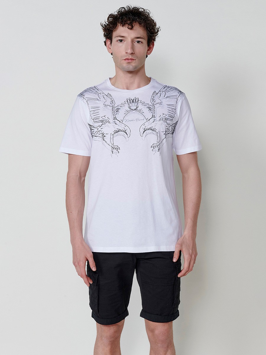 Camiseta blanca de algodón con estampado frontal y cuello redondo para hombre