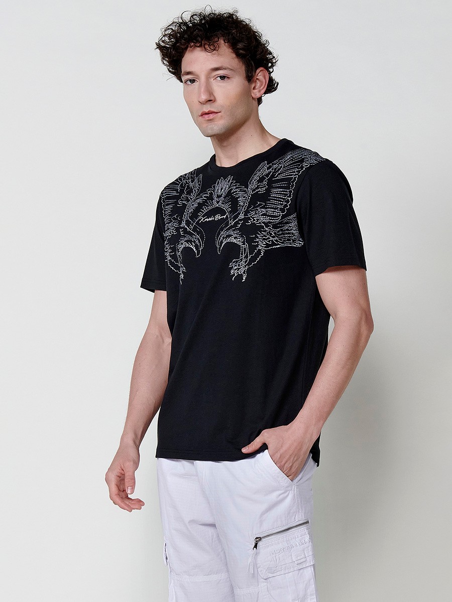 Camiseta negra de algodón para hombre con estampado frontal y cuello redondo