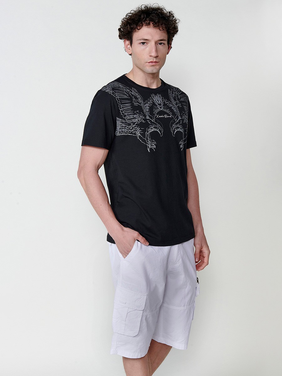 Camiseta negra de algodón para hombre con estampado frontal y cuello redondo