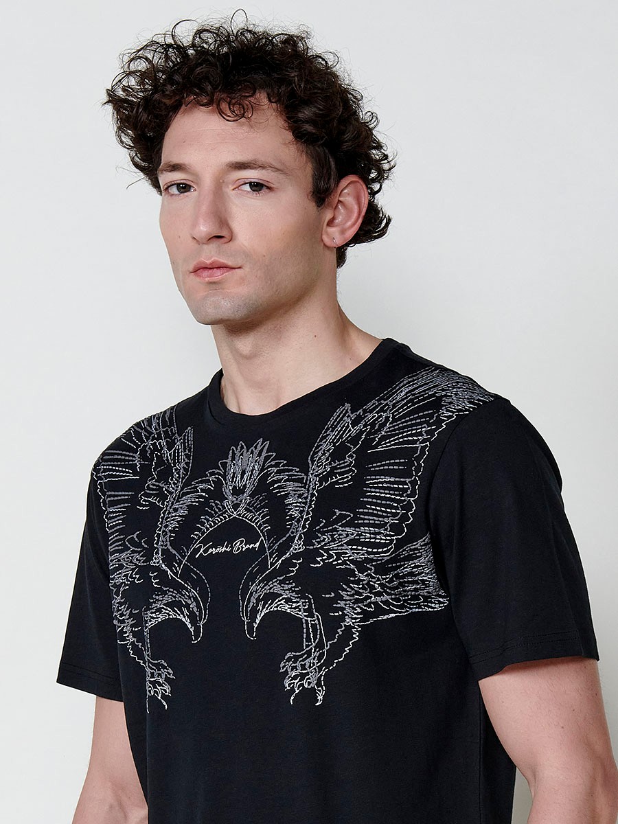 Camiseta negra de algodón para hombre con estampado frontal y cuello redondo