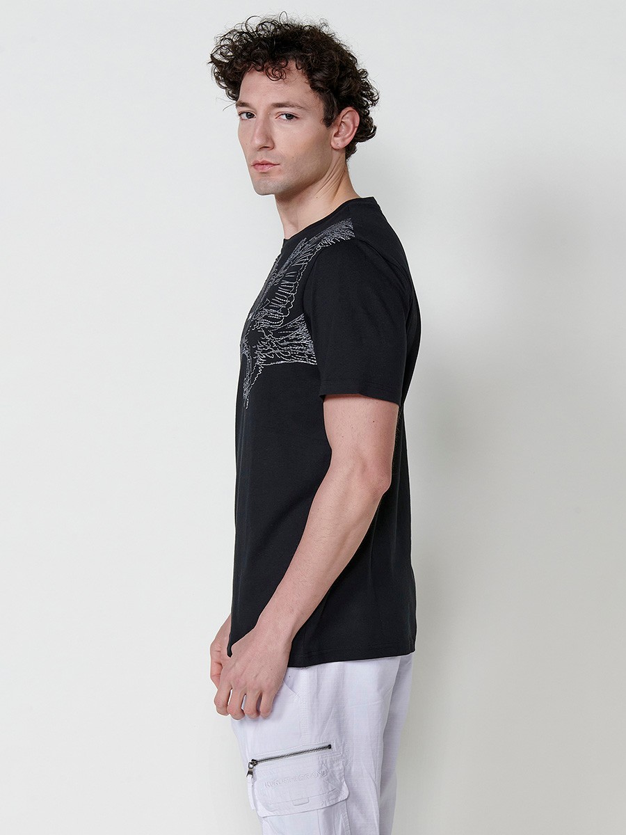 Camiseta negra de algodón para hombre con estampado frontal y cuello redondo