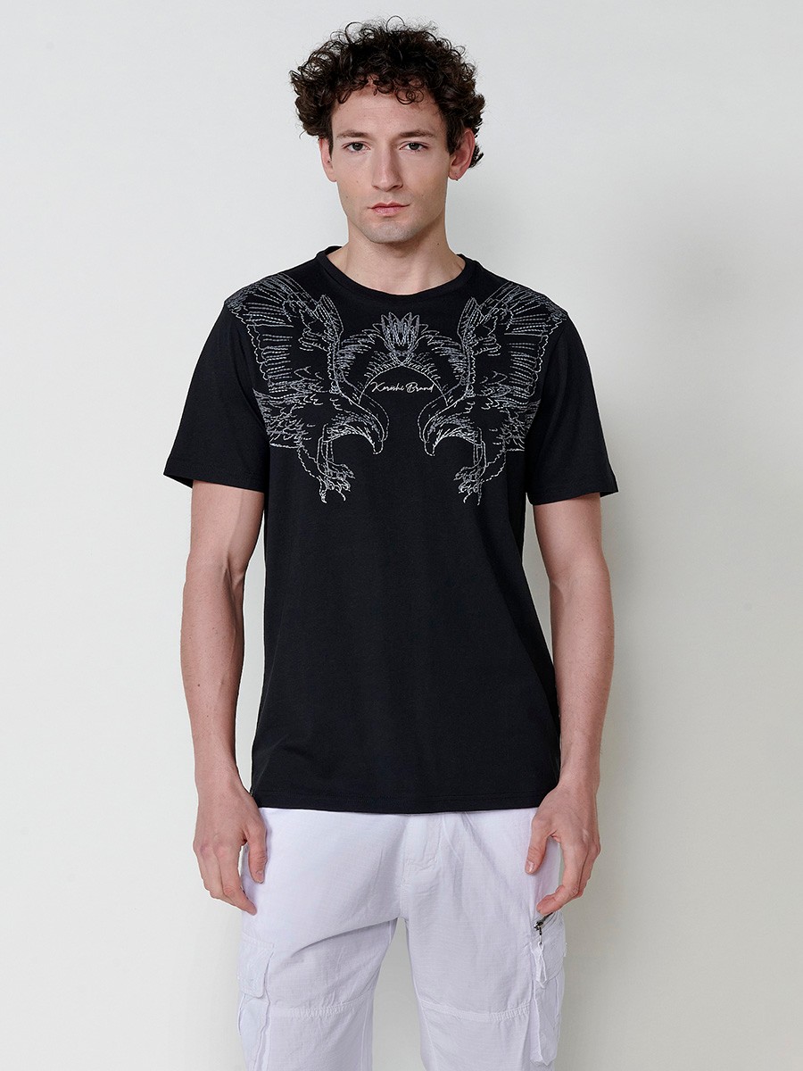 Camiseta negra de algodón para hombre con estampado frontal y cuello redondo