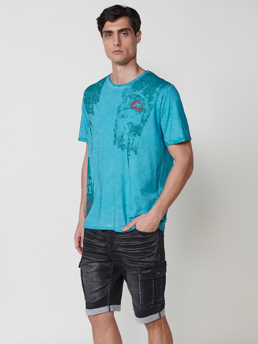 Herren-T-Shirt in Mintgrün aus Baumwolle mit Frontdruck und Rundhalsausschnitt