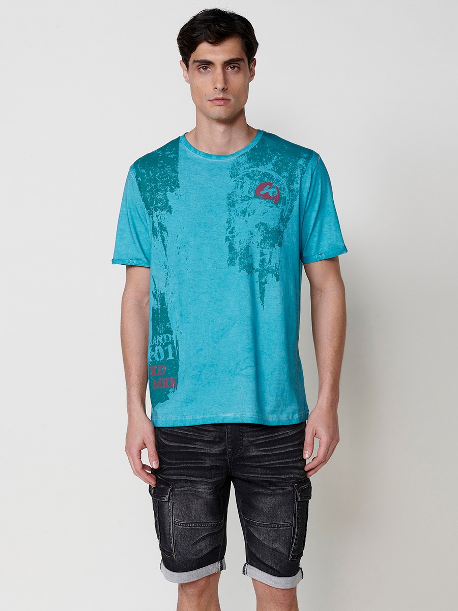 Herren-T-Shirt in Mintgrün aus Baumwolle mit Frontdruck und Rundhalsausschnitt
