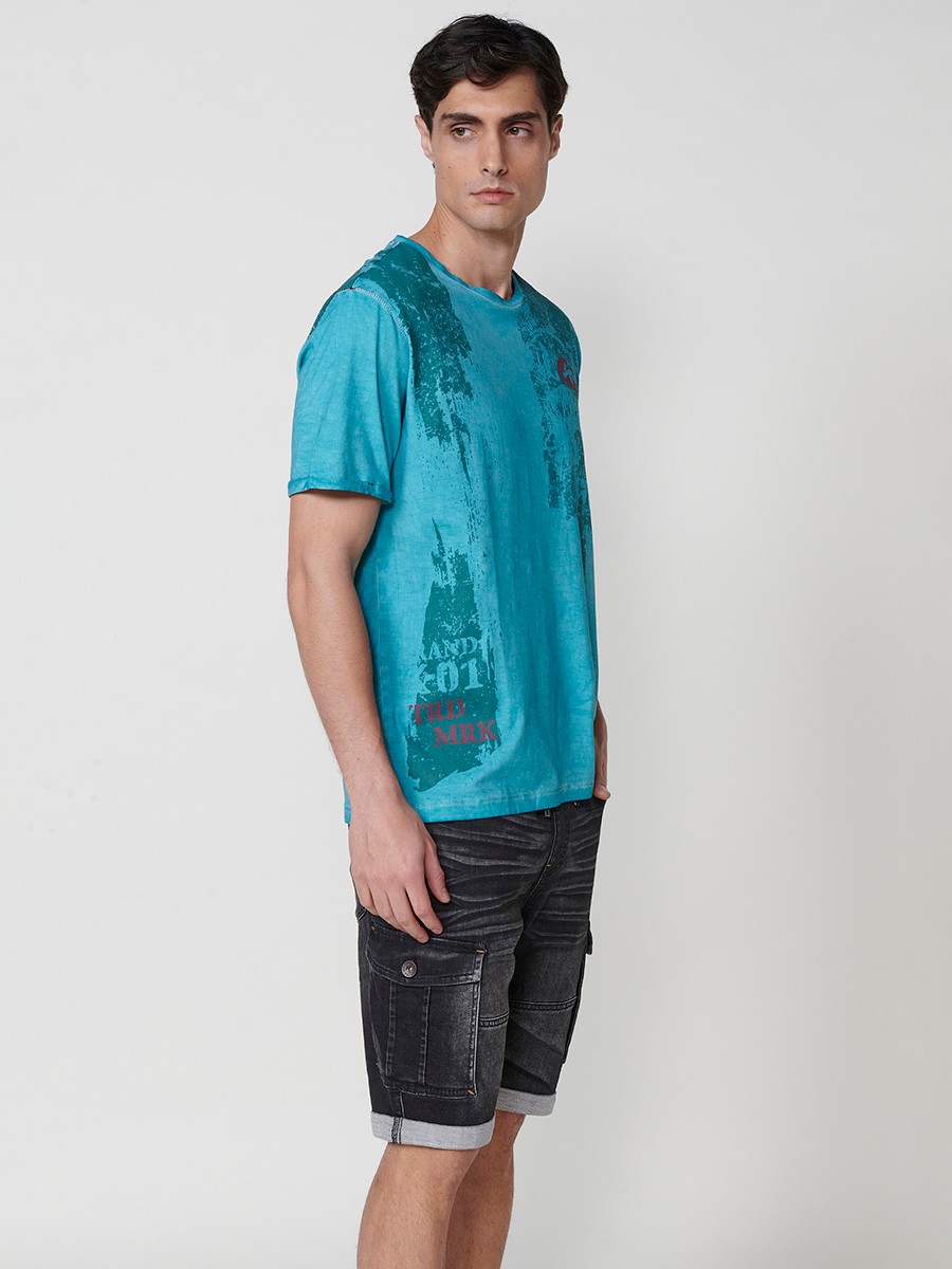 Herren-T-Shirt in Mintgrün aus Baumwolle mit Frontdruck und Rundhalsausschnitt