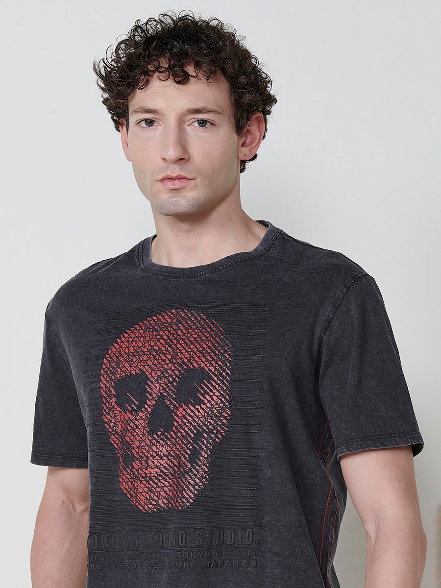 Schwarzes Herren-T-Shirt aus Baumwolle mit Frontdesign und Rundhalsausschnitt