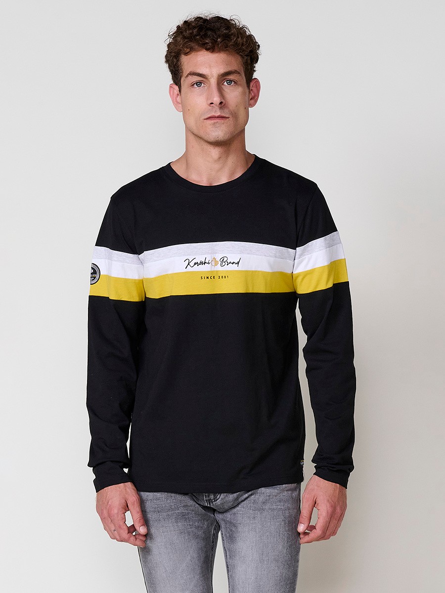 Camiseta de hombre negra de manga larga, 100% algodón, con cuello redondo y estampado delantero.