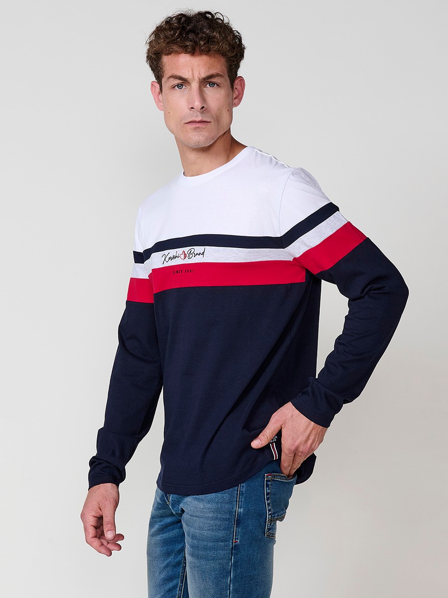 Camiseta de hombre navy de manga larga, 100% algodón, con cuello redondo y estampado delantero.