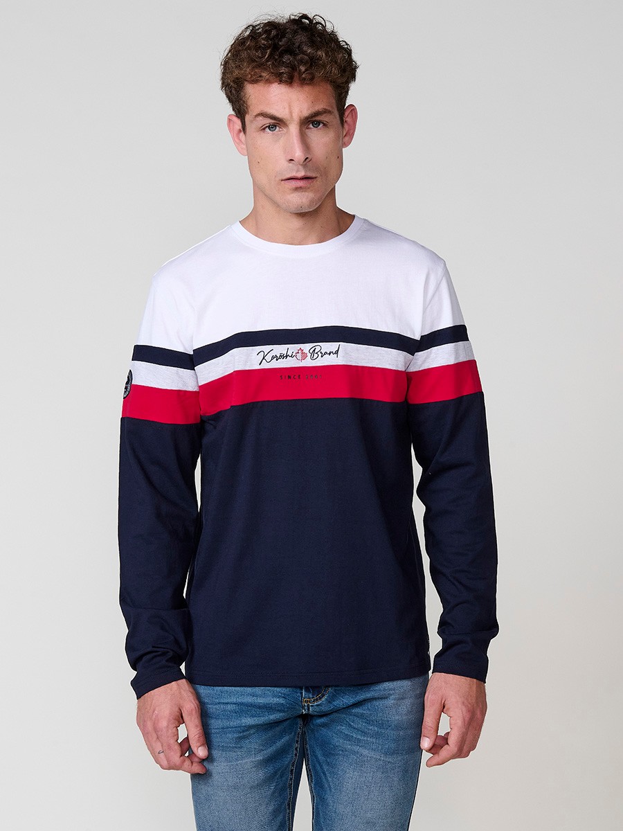 Camiseta de hombre navy de manga larga, 100% algodón, con cuello redondo y estampado delantero.