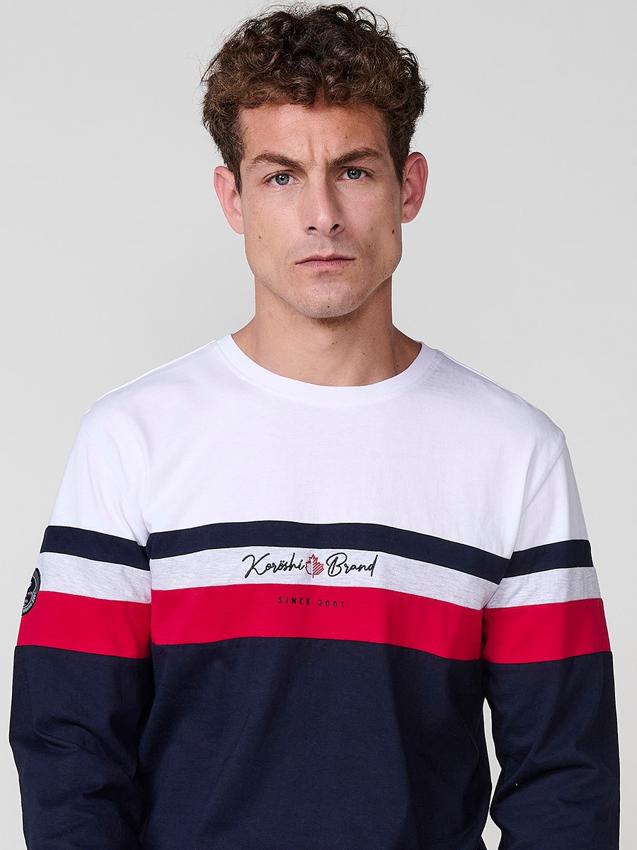 Camiseta de hombre navy de manga larga, 100% algodón, con cuello redondo y estampado delantero.
