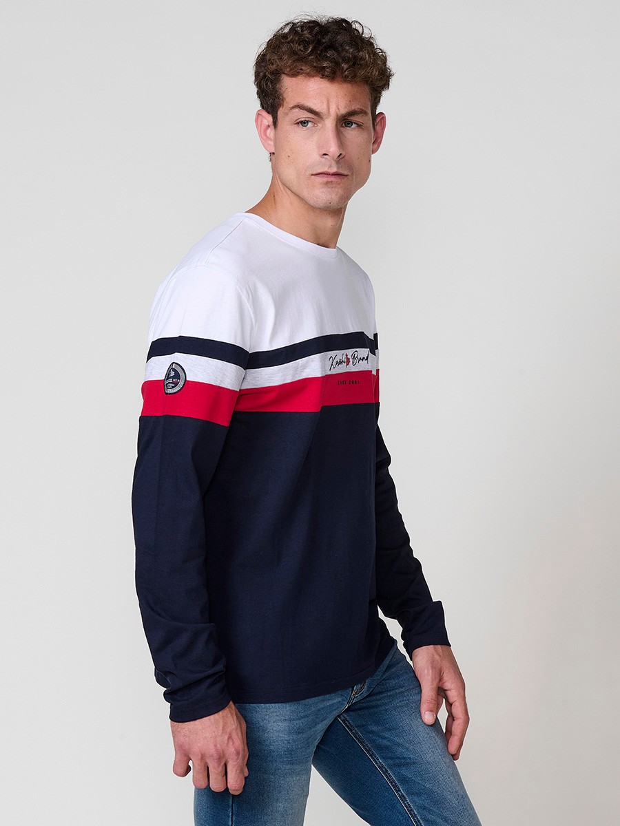 Camiseta de hombre navy de manga larga, 100% algodón, con cuello redondo y estampado delantero.