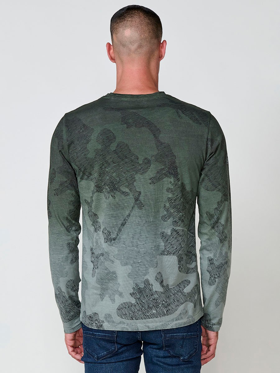 Camiseta de hombre kaki de manga larga, 100% algodón, con cuello redondo con abertura y estampado delantero.