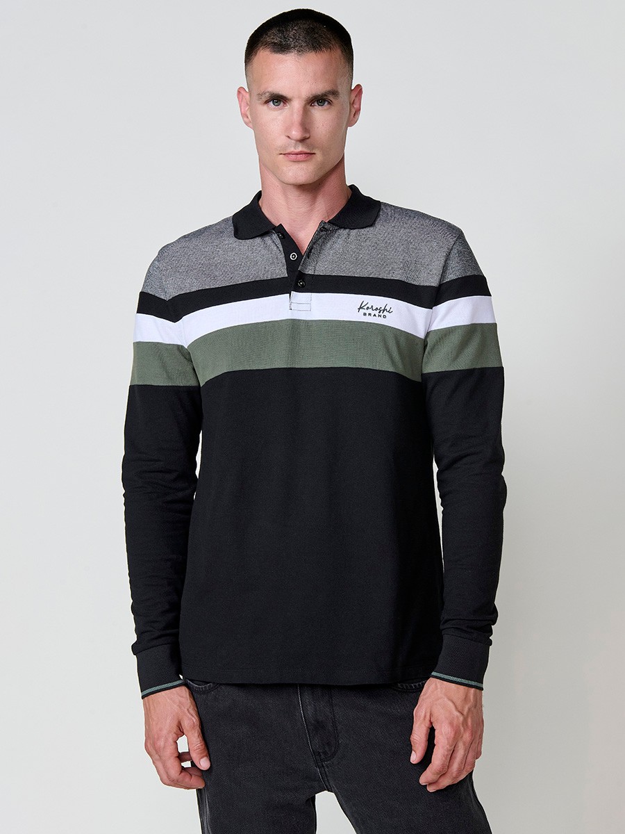 Polo de hombre kaki de manga larga, 100% algodón, con cuello camisero y estilo versátil para looks casuales o elegantes.