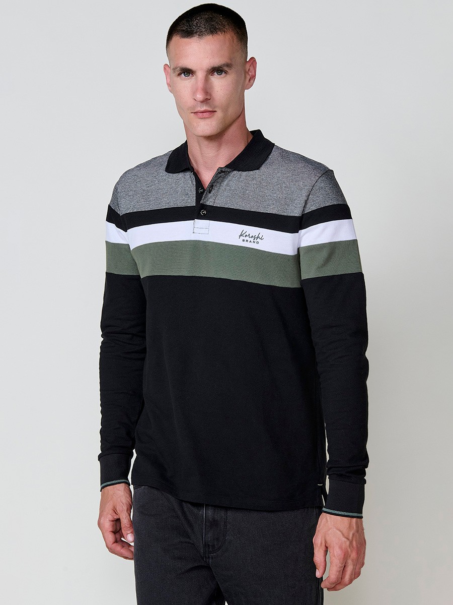 Polo de hombre kaki de manga larga, 100% algodón, con cuello camisero y estilo versátil para looks casuales o elegantes.
