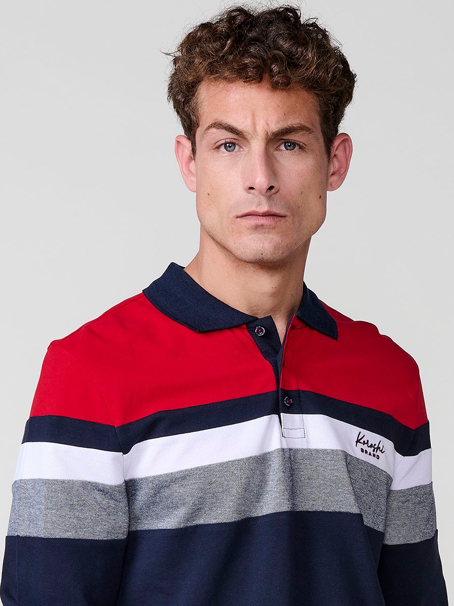 Polo de hombre rojo de manga larga, 100% algodón, con cuello camisero y estilo versátil para looks casuales o elegantes.