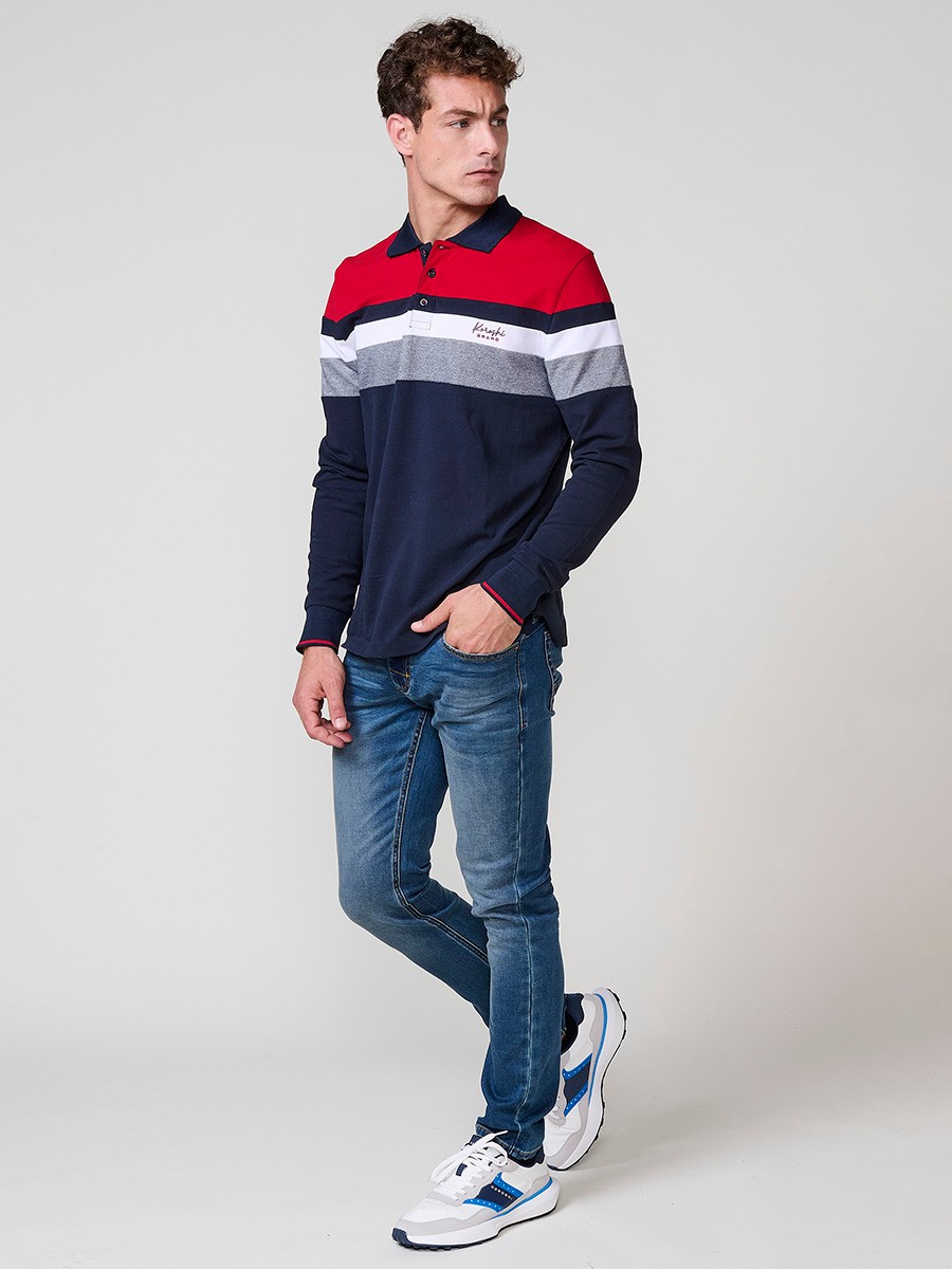Polo de hombre rojo de manga larga, 100% algodón, con cuello camisero y estilo versátil para looks casuales o elegantes.
