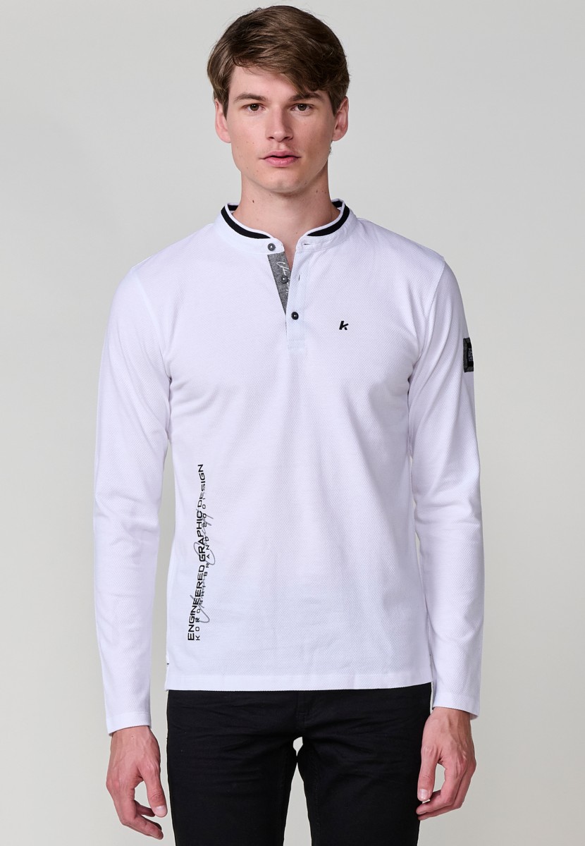 Men’s white long sleeve polo shirt with crew neck in 100% cotton. Comfortable, breathable and versatile for everyday wear.