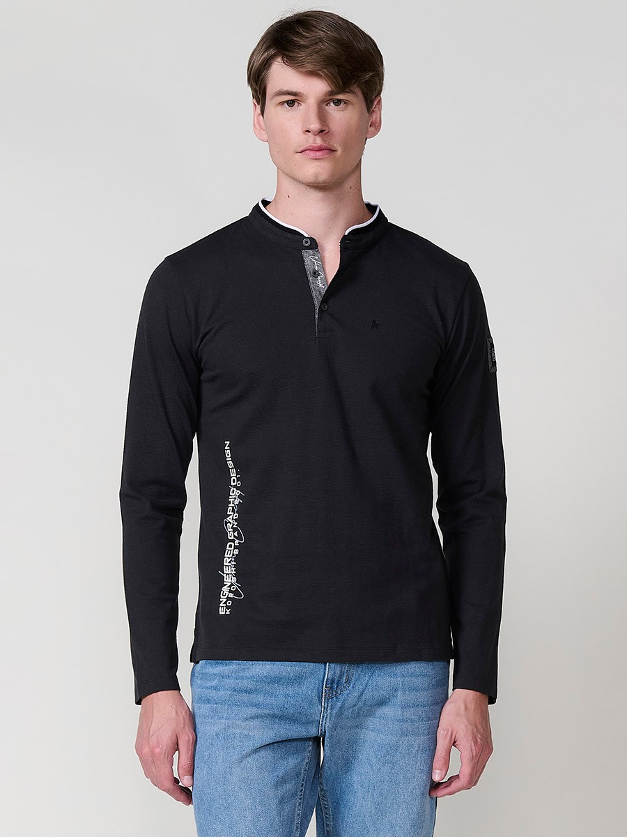 Polo de hombre antracita de manga larga, 100% algodón, con cuello redondo y estilo versátil para looks urbanos y elegantes.