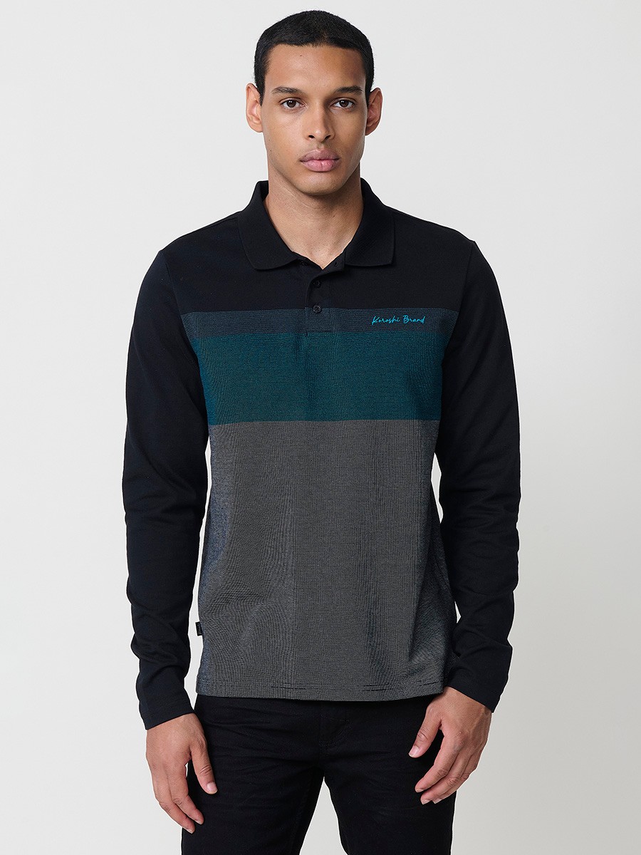 Polo de hombre negro de manga larga con cuello camisero. Prenda masculina básica 100% algodón. 1